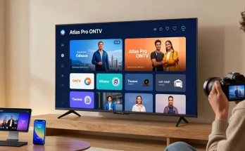 application Atlas Pro IPTV sur écran intelligent avec options de divertissement modernes