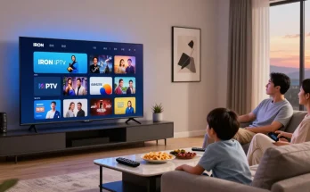 Famille profitant de l'application iron iptv sur leur téléviseur intelligent dans un salon moderne.