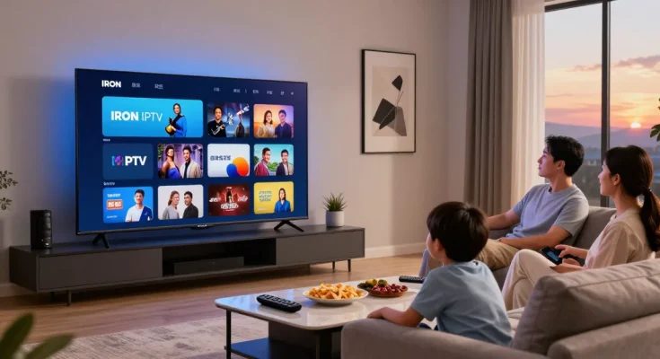 Famille profitant de l'application iron iptv sur leur téléviseur intelligent dans un salon moderne.