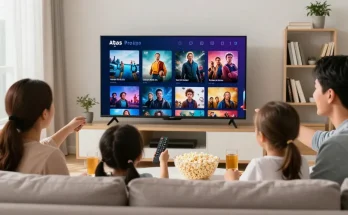 Image montrant une famille profitant des chaînes atlas pro iptv sur un téléviseur intelligent.