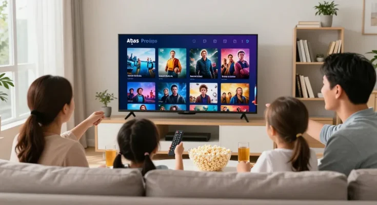 Image montrant une famille profitant des chaînes atlas pro iptv sur un téléviseur intelligent.