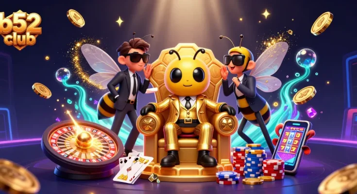 Spin the reels at b52 club with a dynamic casino illustration showcasing games and prizes.